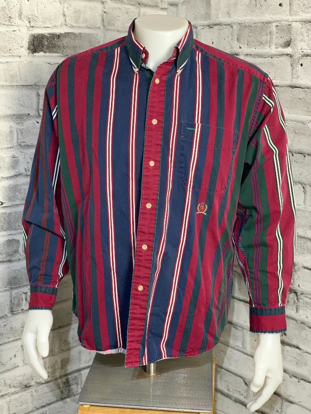 Vintage Tommy Hilfiger Shirt M Red Blue Striped Button Up 90s Preppy Long Sleeve